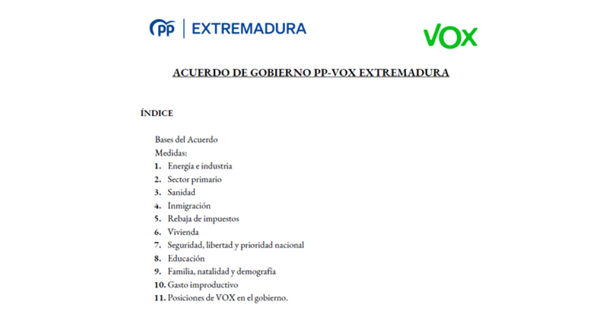 Lea los puntos del acuerdo entre PP y Vox para un gobierno en Extremadura